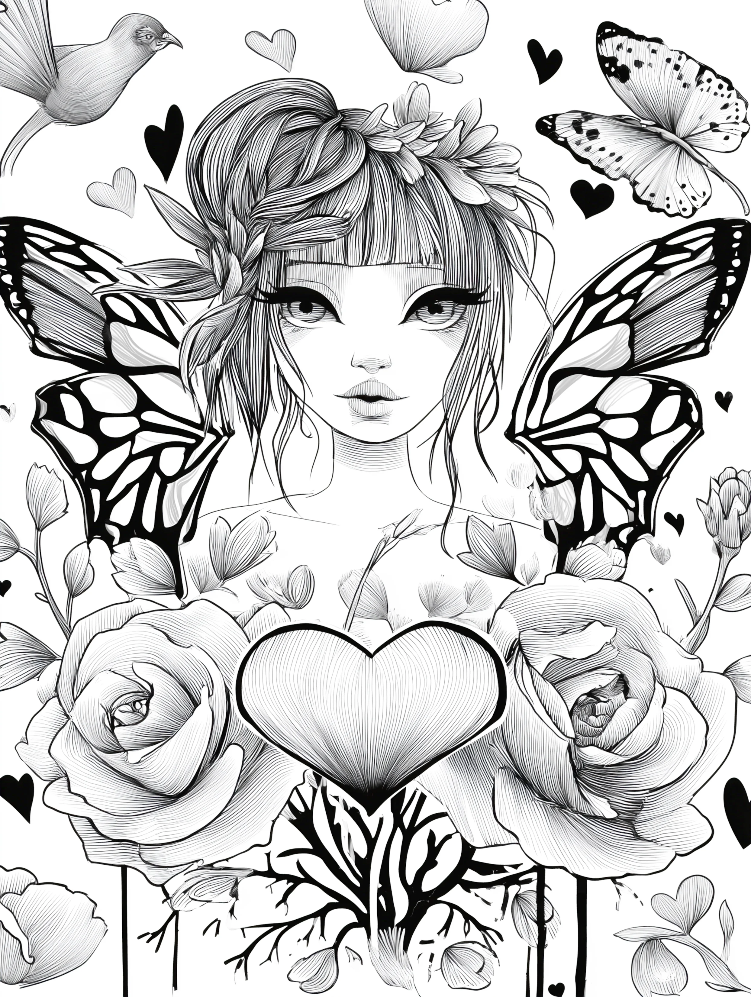 Free printable beautiful fairy coloring page featuring wings behind fairy and heart